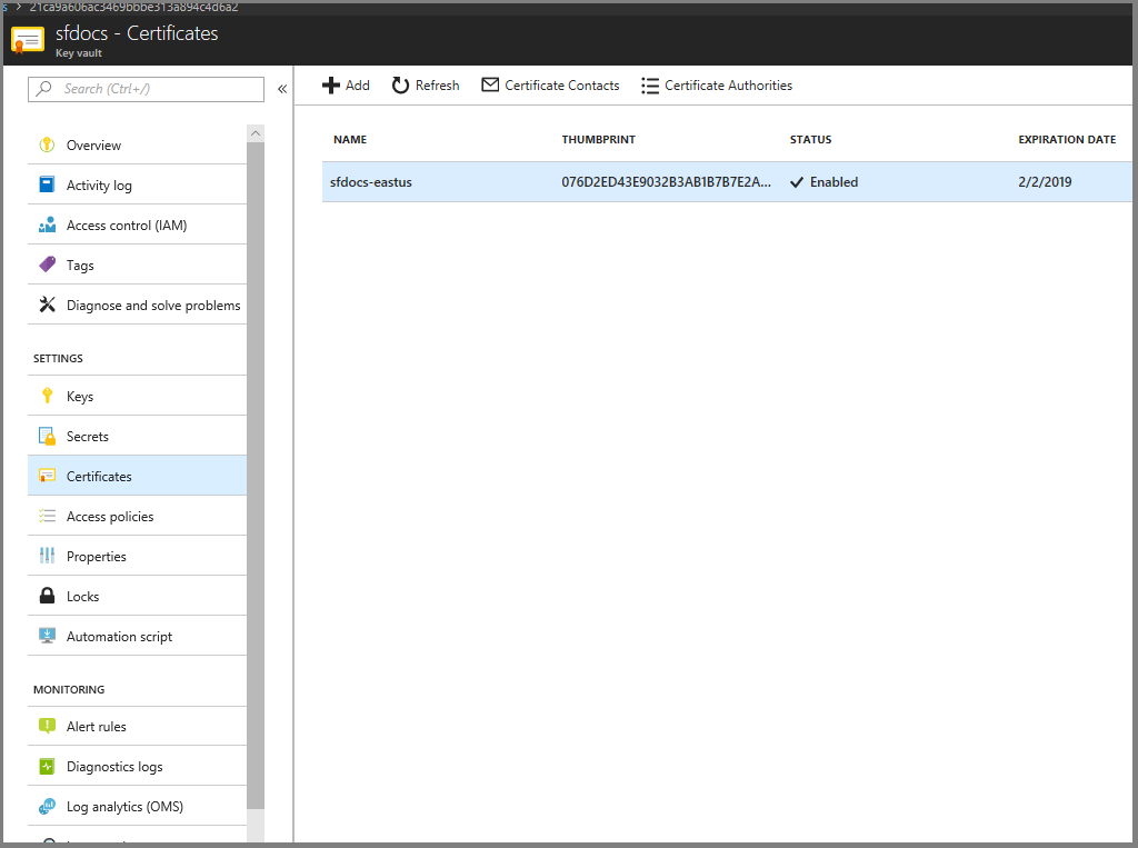 Screenshot shows the Certificate window for the key vault