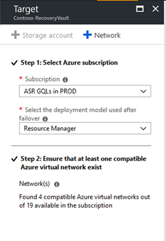 Screenshot of the pane for selecting and verifying a target virtual network.