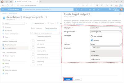 Screenshot of the Create Endpoint pane showing the location of the required fields and Create button.