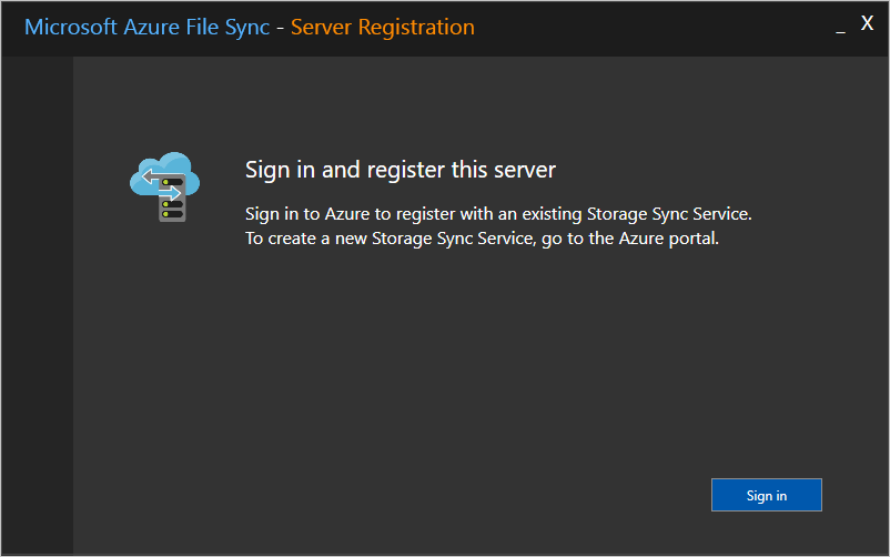 Opening dialog of the server registration UI.