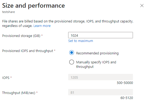 A screenshot of the "Size and performance" pop out dialog.