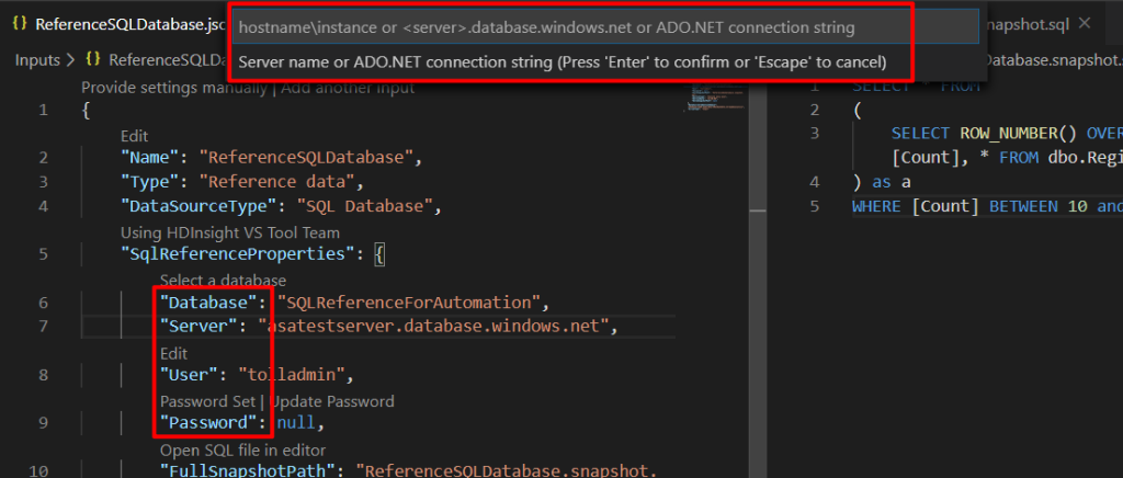 The two boxes for database and server information are highlighted.