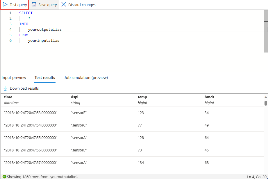 Screenshot that shows the sample query and its results.