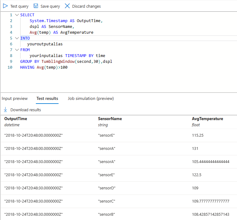 Screenshot that shows the query with a tumbling window.