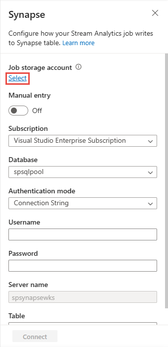 Screenshot that shows the Synapse with selection of storage account.