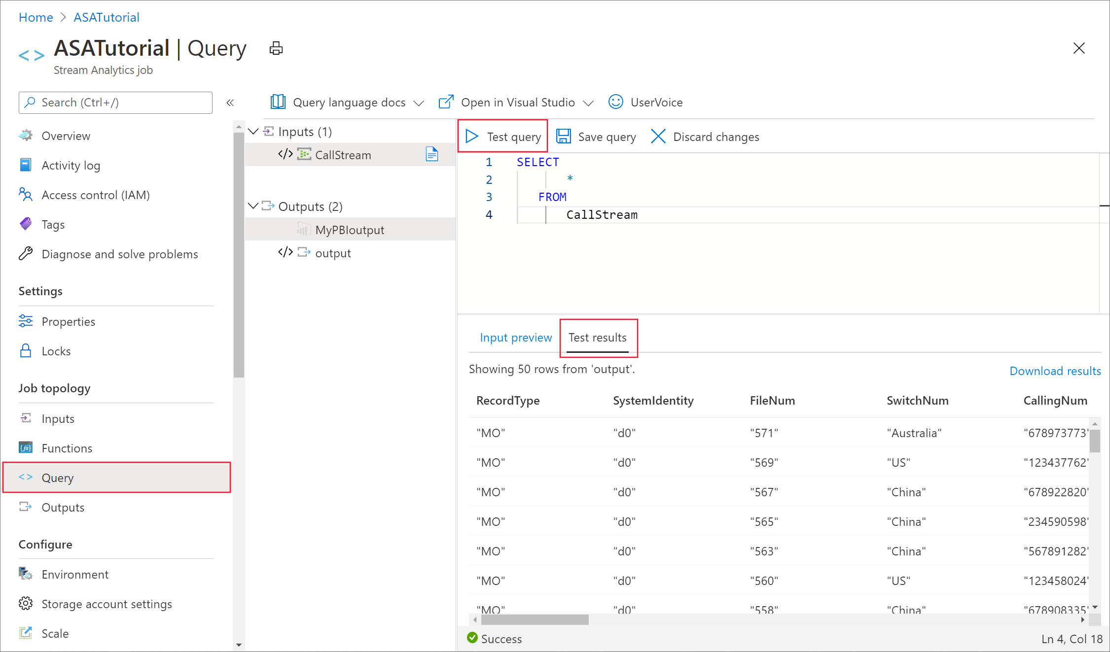 Sample output from test query.