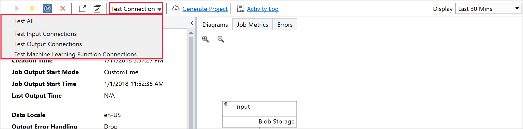 Test Connection dropdown