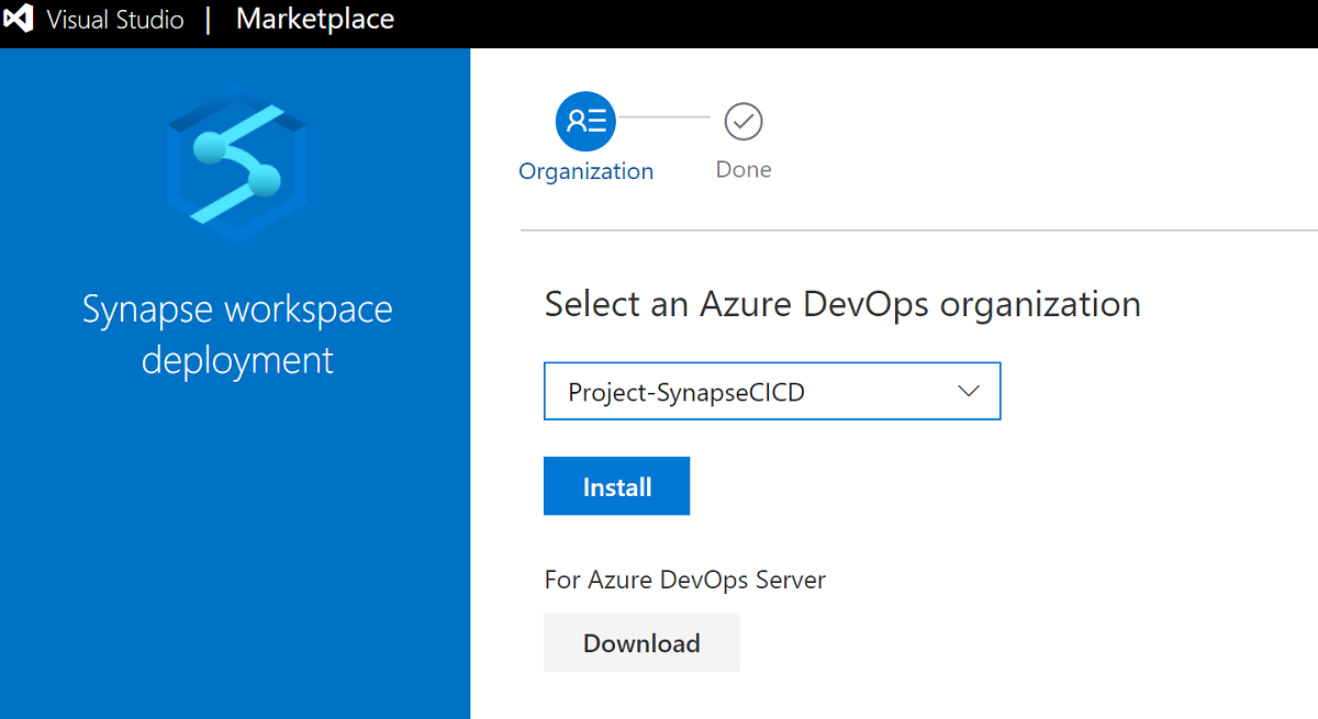 Screenshot that shows selecting an organization in which to install the Synapse workspace deployment extension.