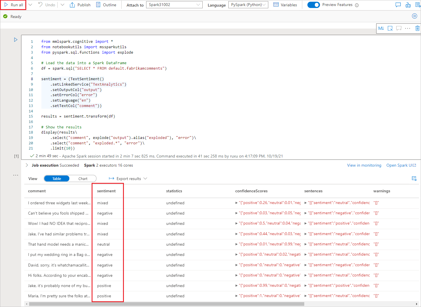 Screenshot that shows sentiment analysis.