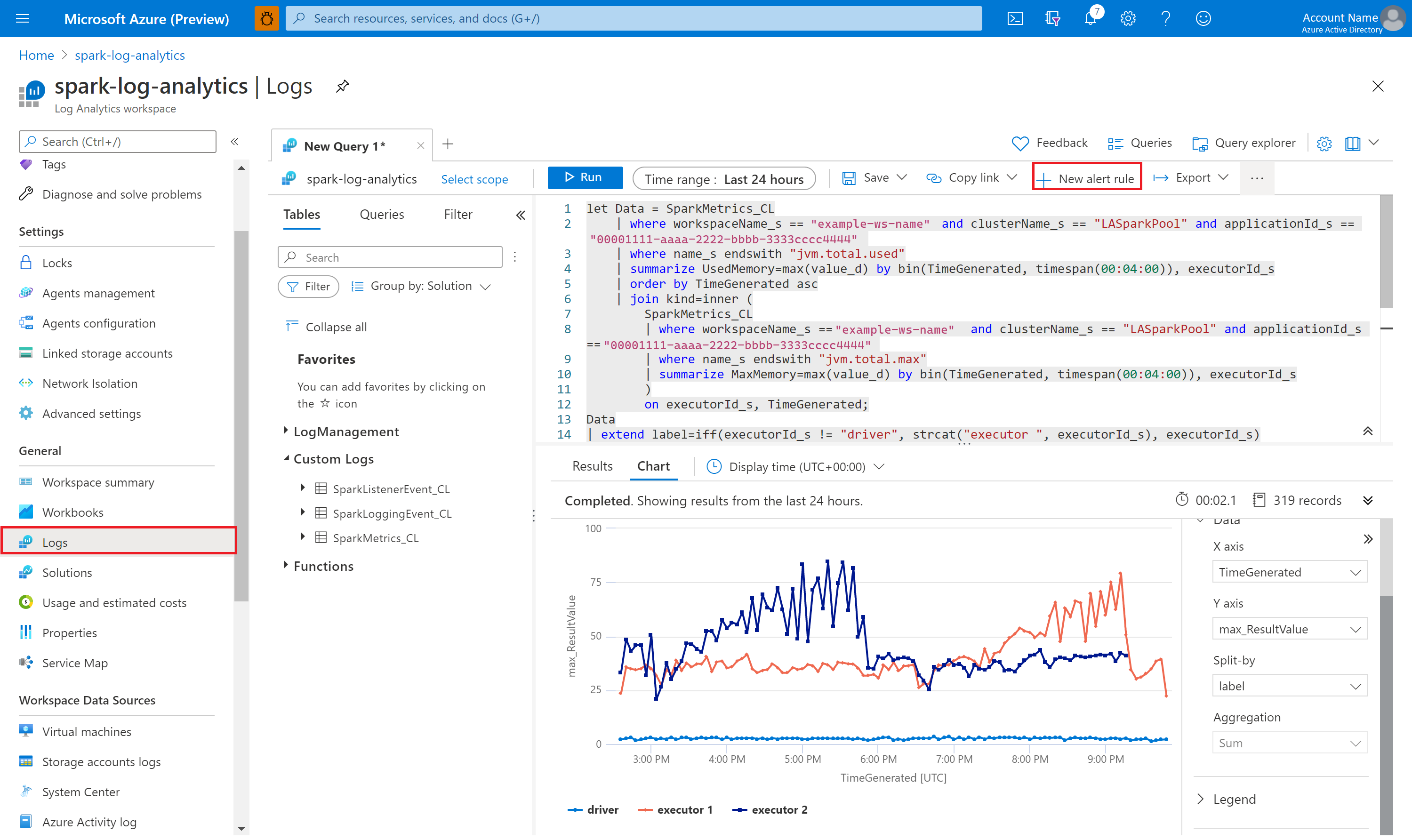 Screenshot that shows customizing a workbook with a query and alerts.