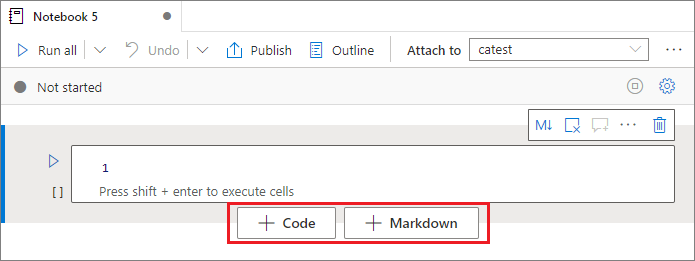 Screenshot of Code and Markdown buttons in a Synapse notebook.