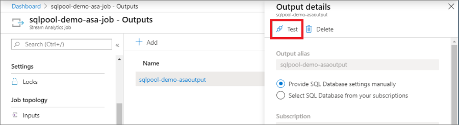 Screenshot showing Test button on Output details.