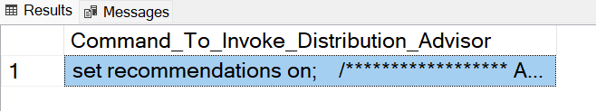 Screenshot of the output of a T-SQL result showing the Command_to_Invoke_Distribution_Advisor.