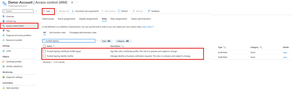 Screenshot that shows the Azure portal UI and the Trusted Signing custom RBAC roles.