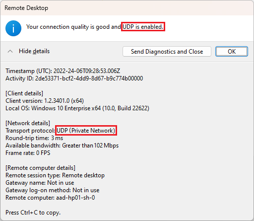 Screenshot of Remote Desktop Connection Info dialog when using RDP Shortpath for managed networks.