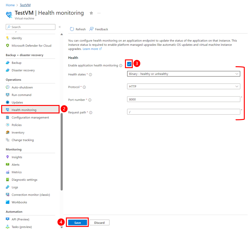 Screenshot showing VM Health monitoring blade from Azure portal with binary health states enabled.