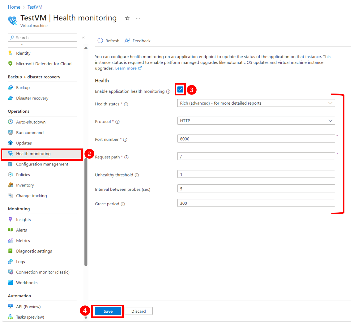 Screenshot showing VM Health monitoring blade from Azure portal with rich health states enabled.