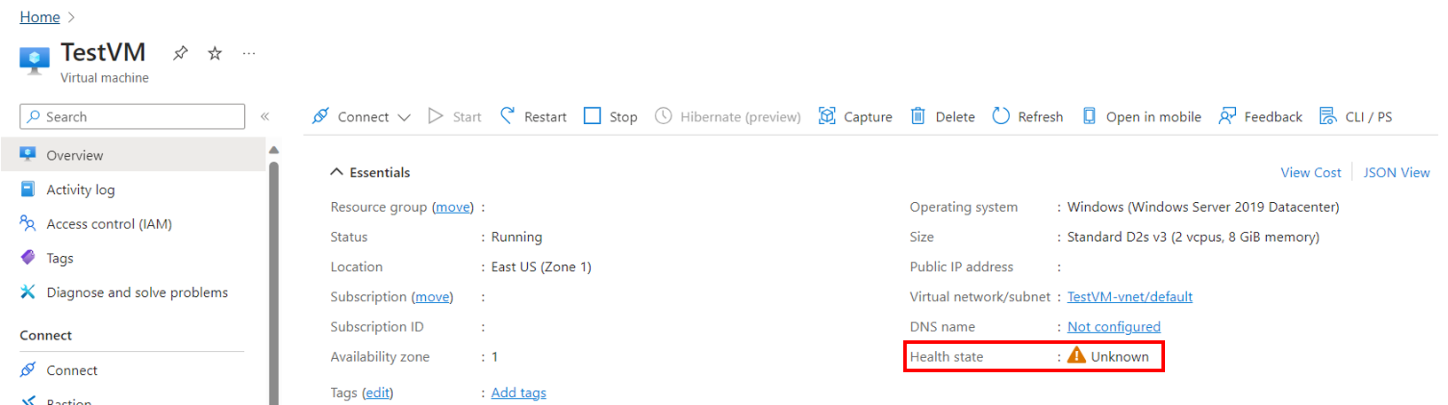 Screenshot showing VM Overview blade with VM Health State.