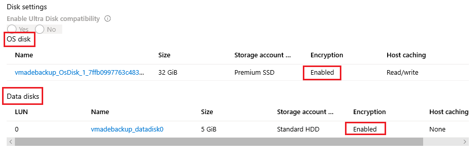 Encryption status for OS disk and data disks