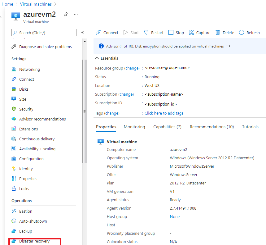 Open disaster recovery options for an existing VM.