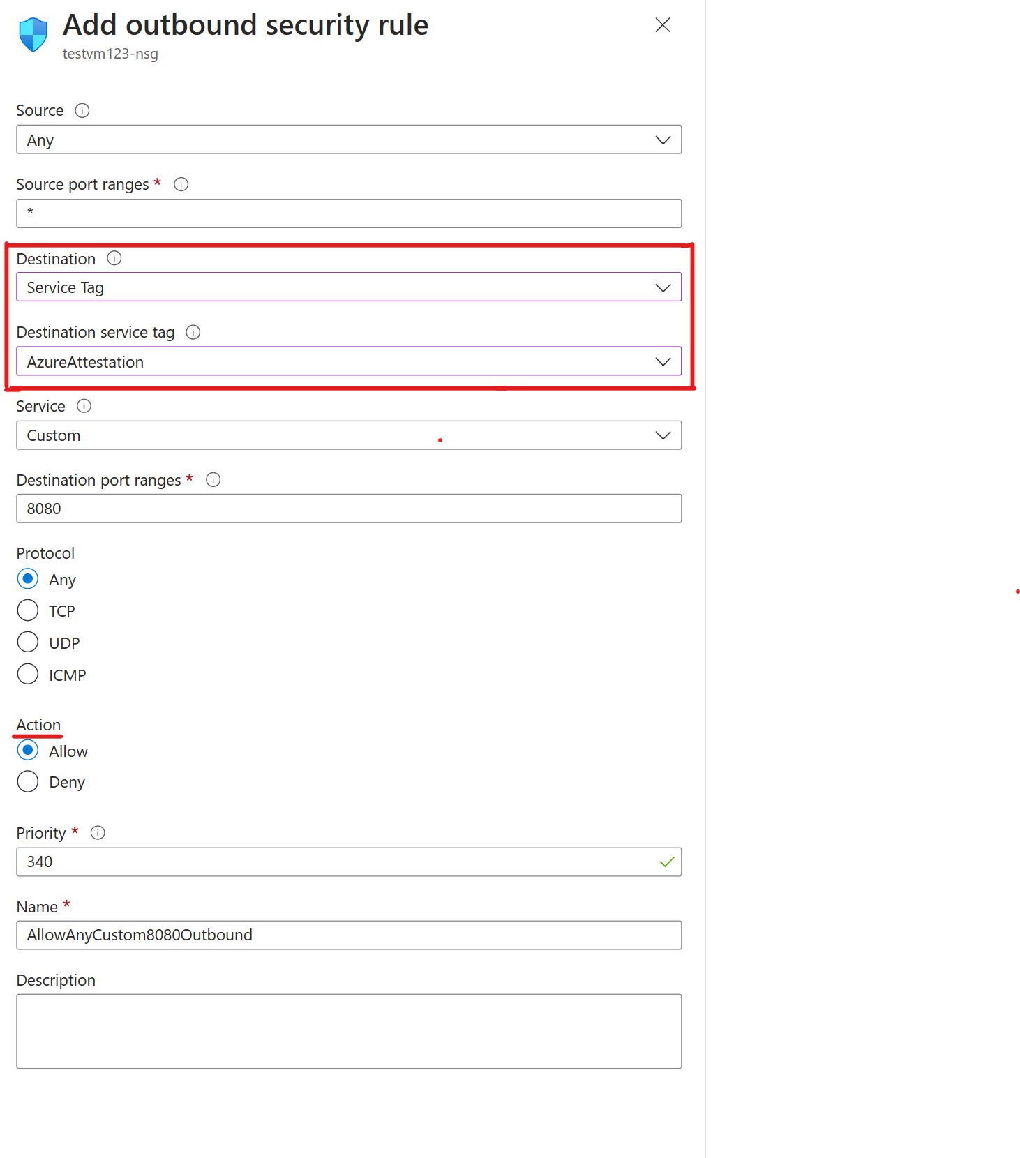 Screenshot that shows how to make the destination a service tag.