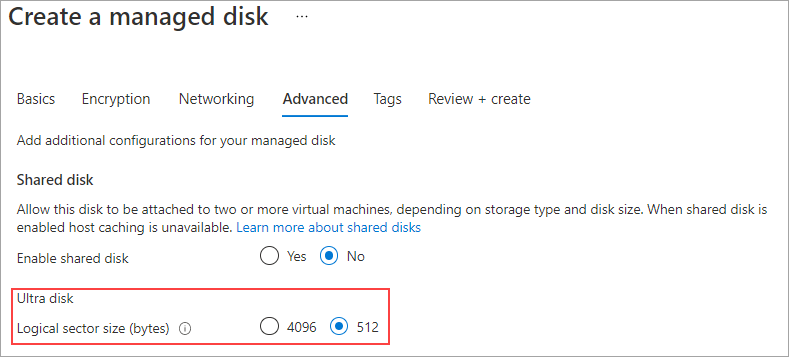 Screenshot of selector for changing the Ultra Disk logical sector size to 512.