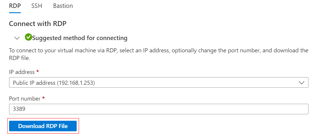 Screenshot showing the remote desktop settings and the Download RDP file button.