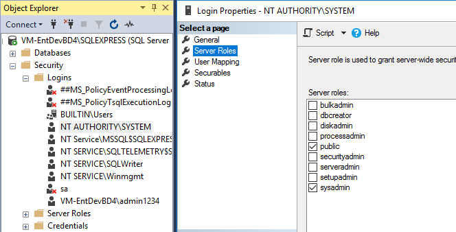 SSMS Object Explorer window: Login Properties