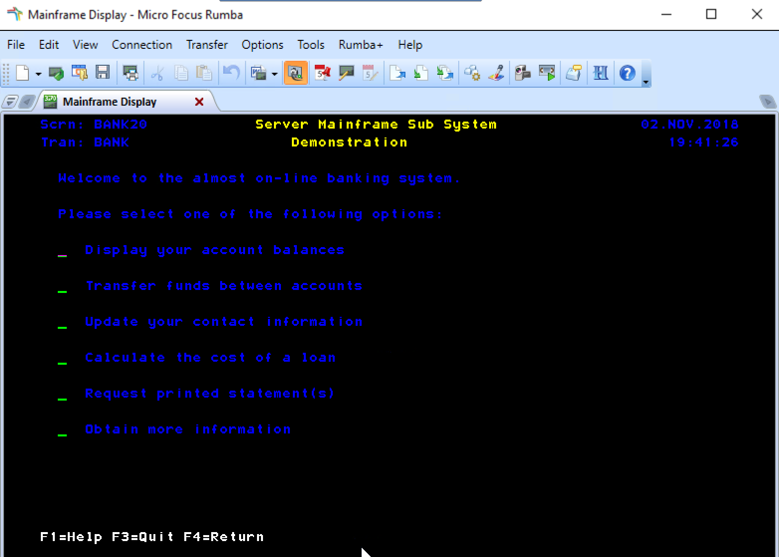 Mainframe Display - Rumba - Subsystem Demonstration screen