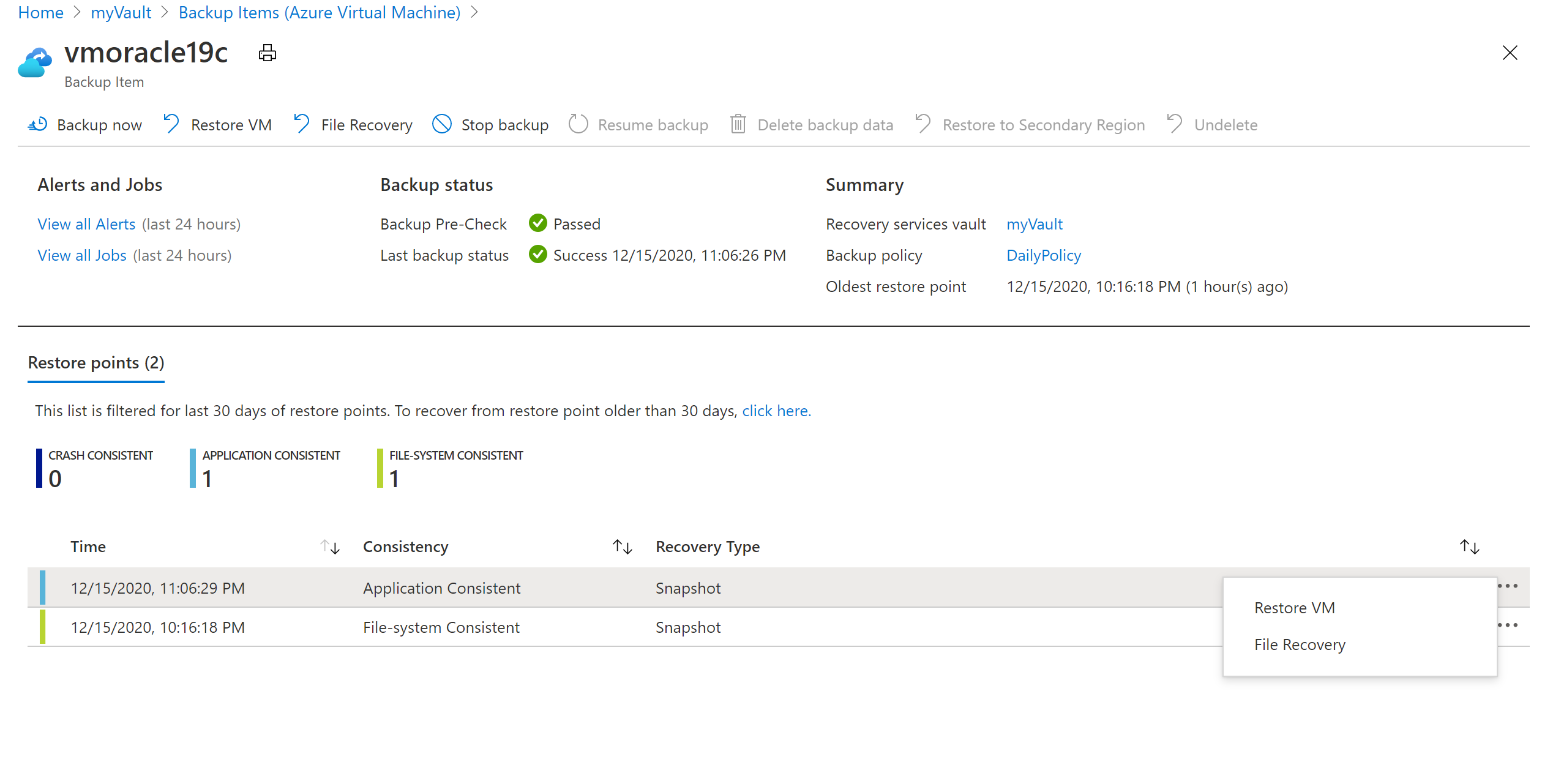 Screenshot that shows the command for restoring a VM.