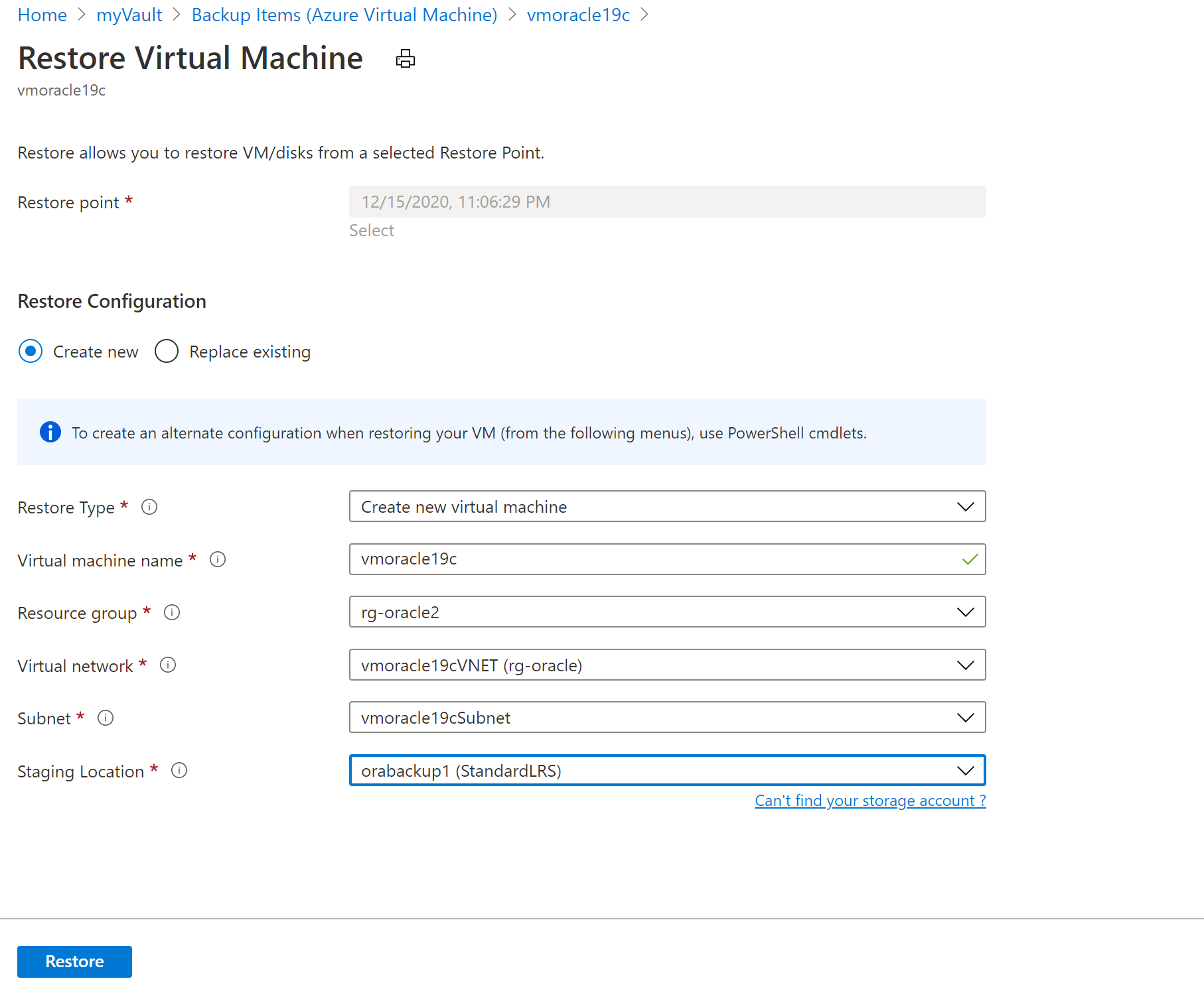 Screenshot that shows values for restoring a virtual machine.