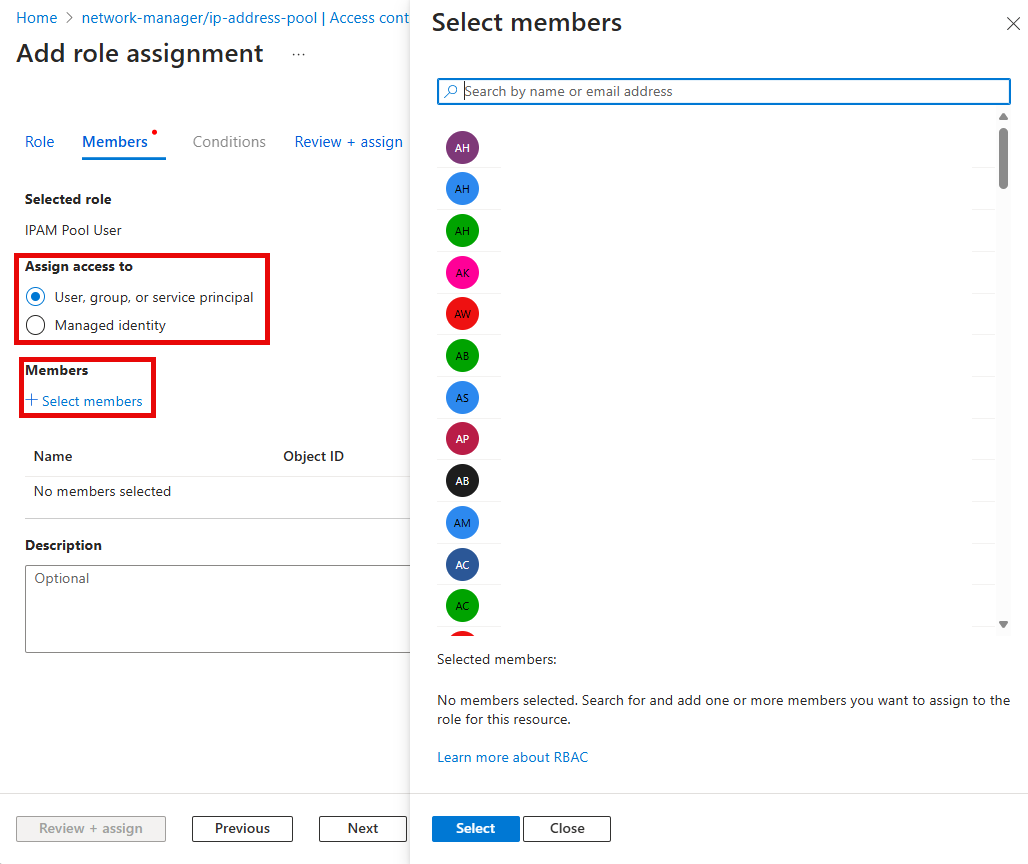 Screenshot of the Add role assignment window with IPAM Pool User selected.