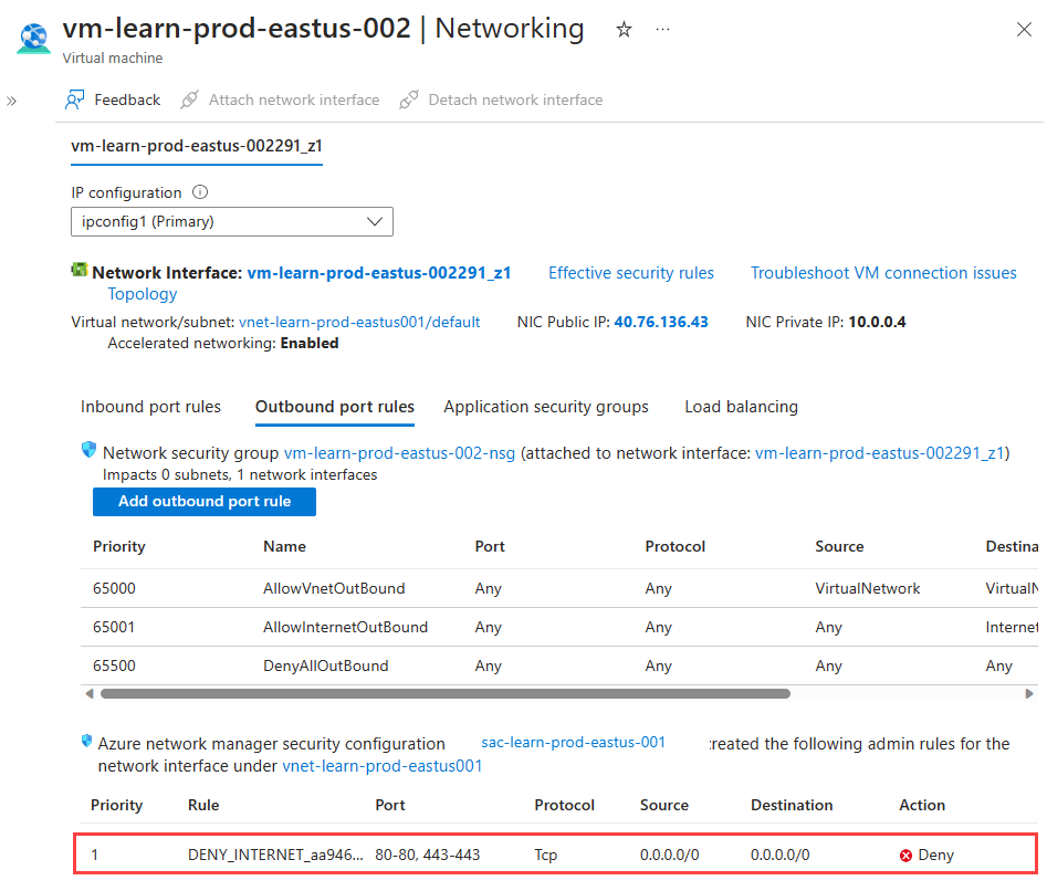 Screenshot of test VM's network security rules.