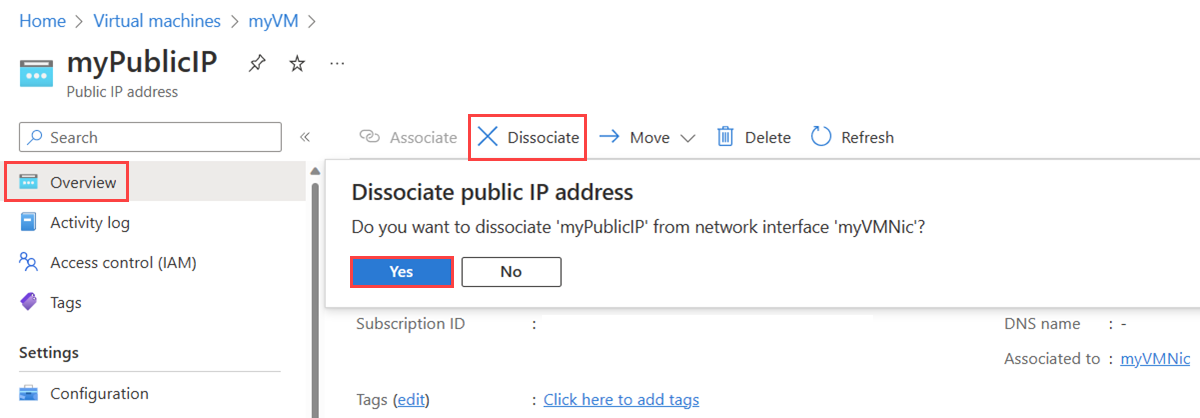 Screenshot of the Overview page of a public IP address resource showing how to dissociate it from the network interface of a virtual machine.