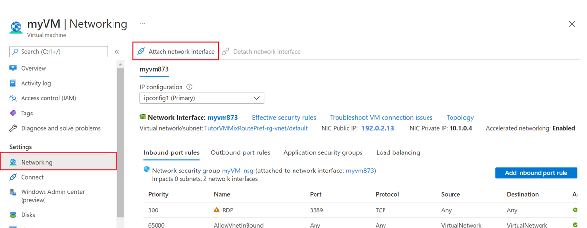 Screenshot of myVM networking overview page.