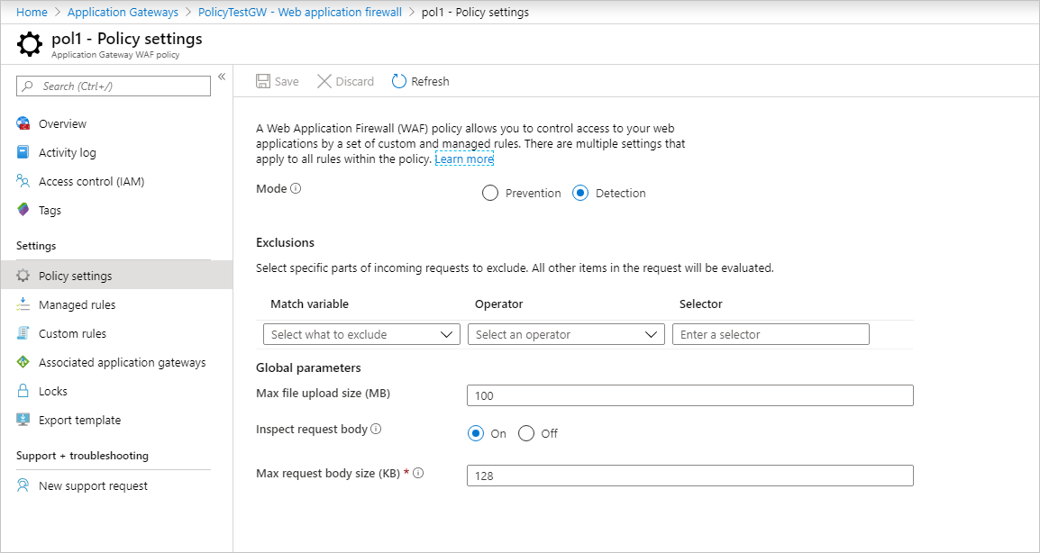 Screenshot showing WAF policy settings.