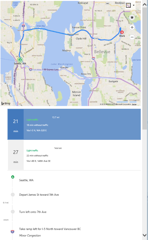 Screenshot of a Bing map that shows a route from Seattle, Washington to a work location with driving instructions listed below the map.