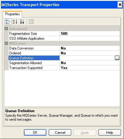 MQSeries Transport Properties dialog box