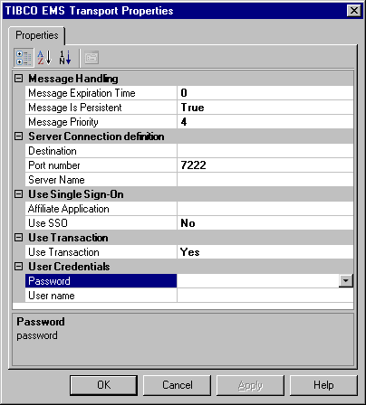 Screenshot that shows the TIBCO EMS Transport Properties dialog box.