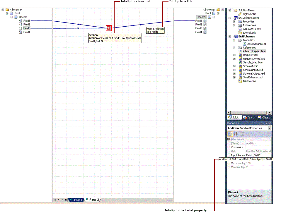 Infotips for functoid, link, and label