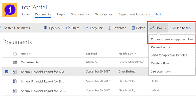 Flow run menu in SharePoint