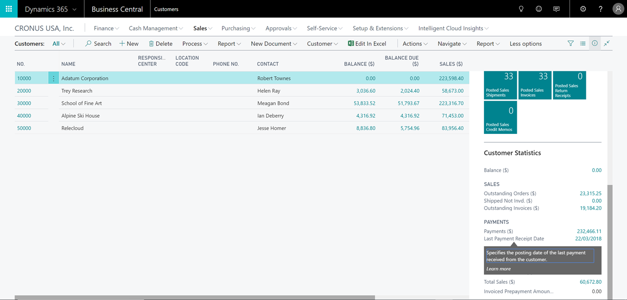 Customer list page showing FactBox with information about payments received and last payment date