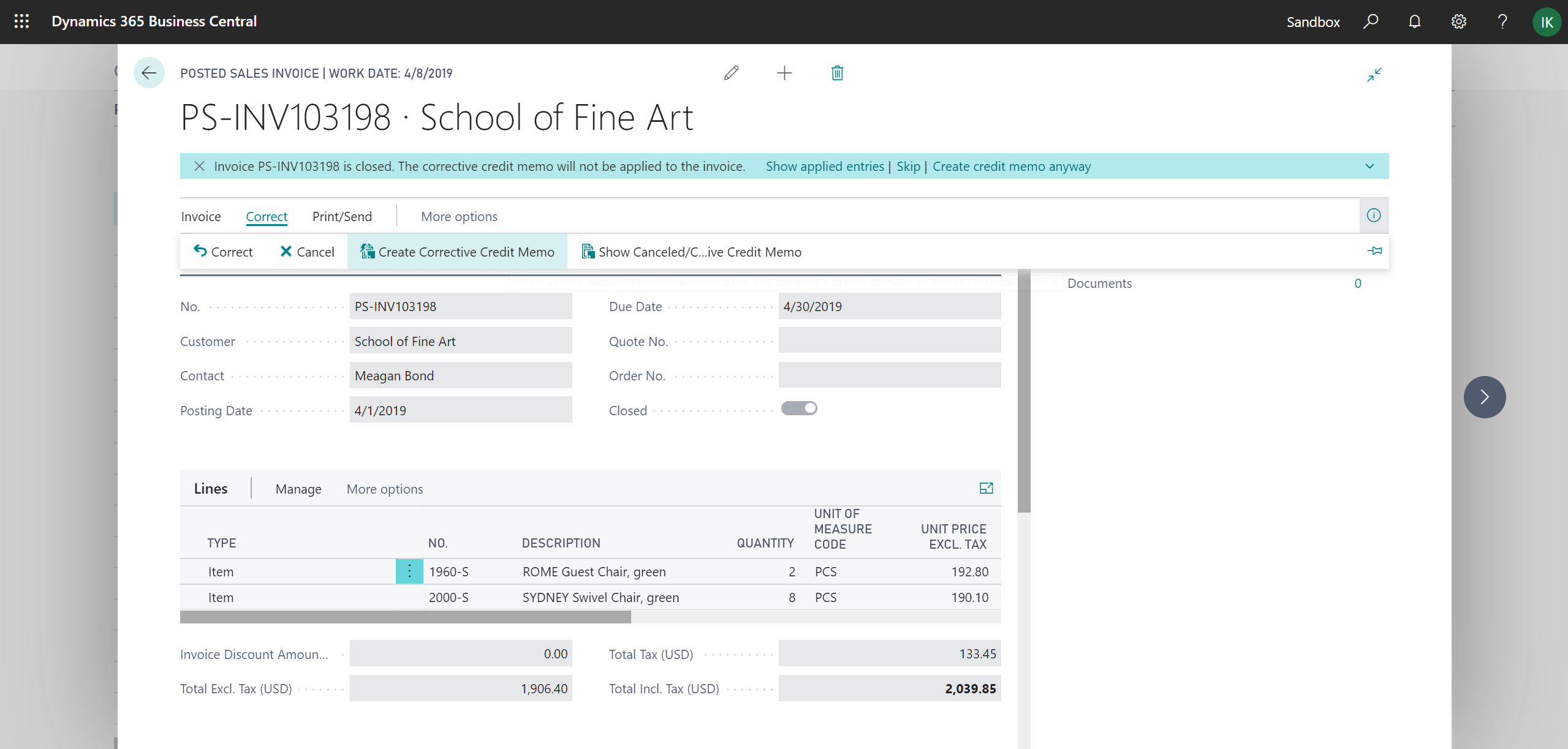 Showing notification user gets when trying to create corrective credit memo for already corrected posted sales invoice 