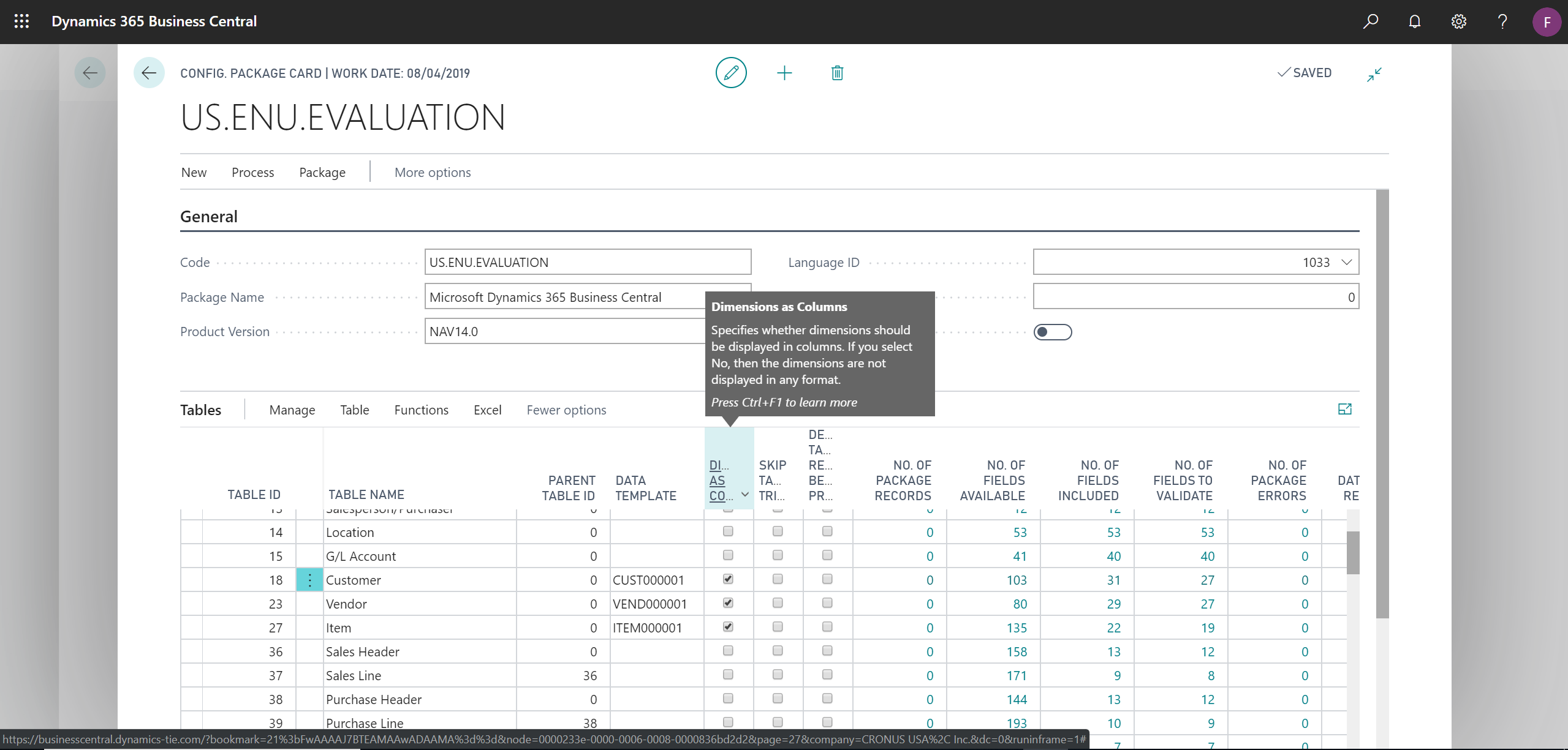 Configuration Package page with Dimensions as Columns column