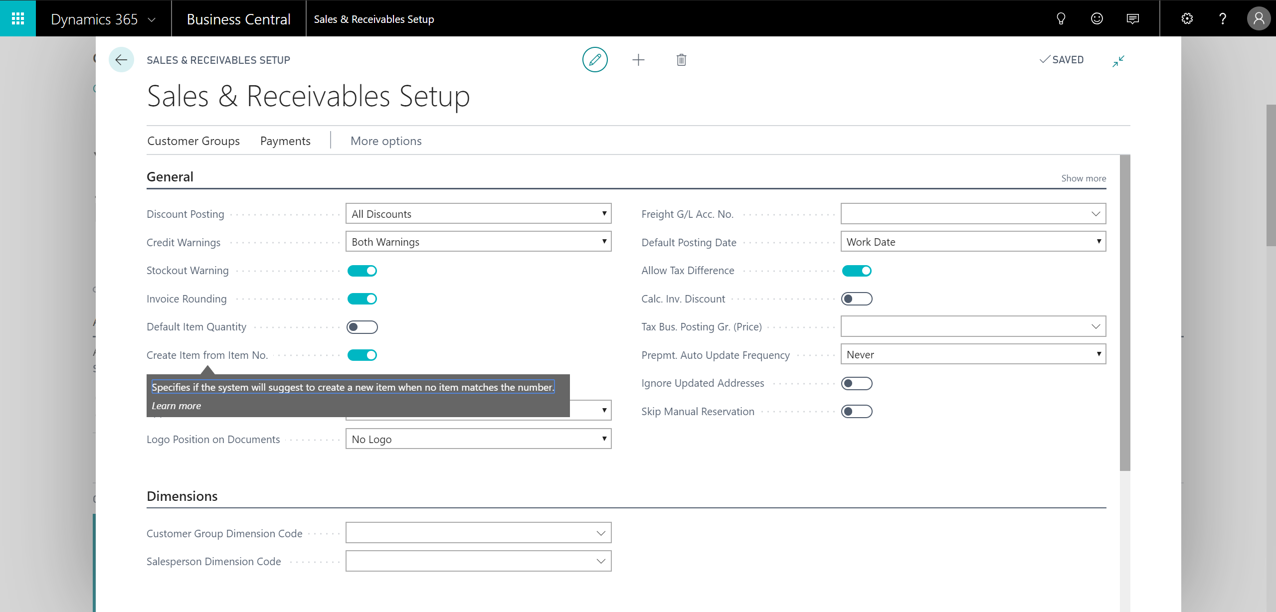 Sales & Receivables Setup page showing the new Create Item from Item No. setting