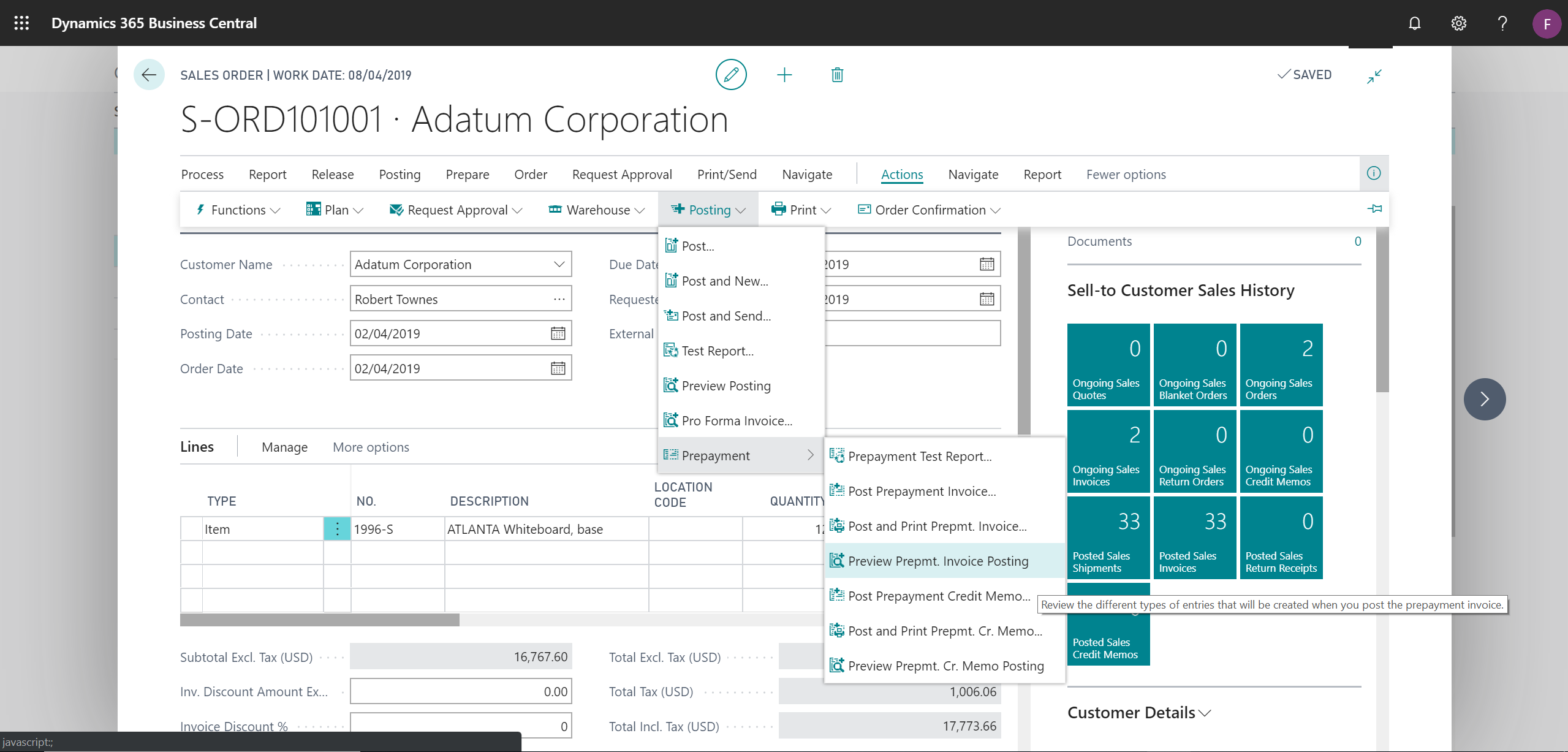 Showing Prepayment Preview Posting actions on Sales Order page