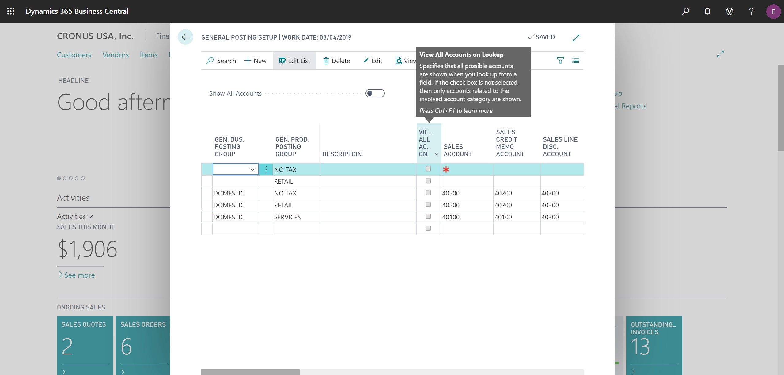 Showing General Posting Setup page with Show all accounts and View all accounts on lookup options