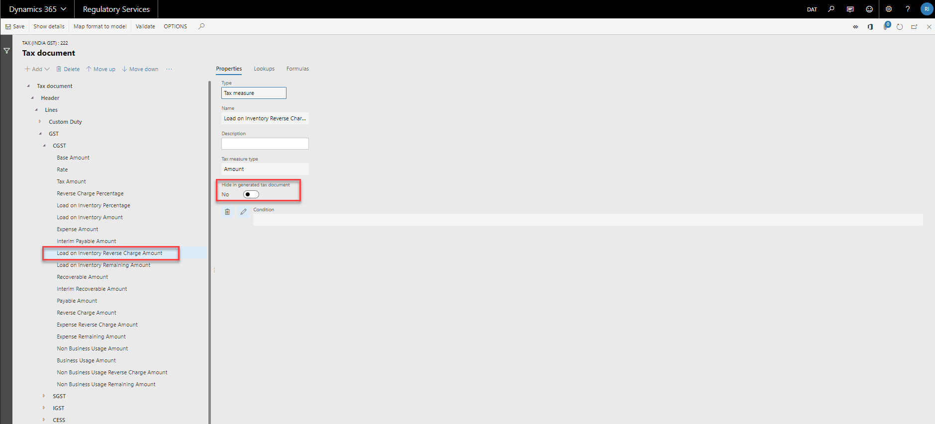 Configure the visibility of tax measures in tax documents