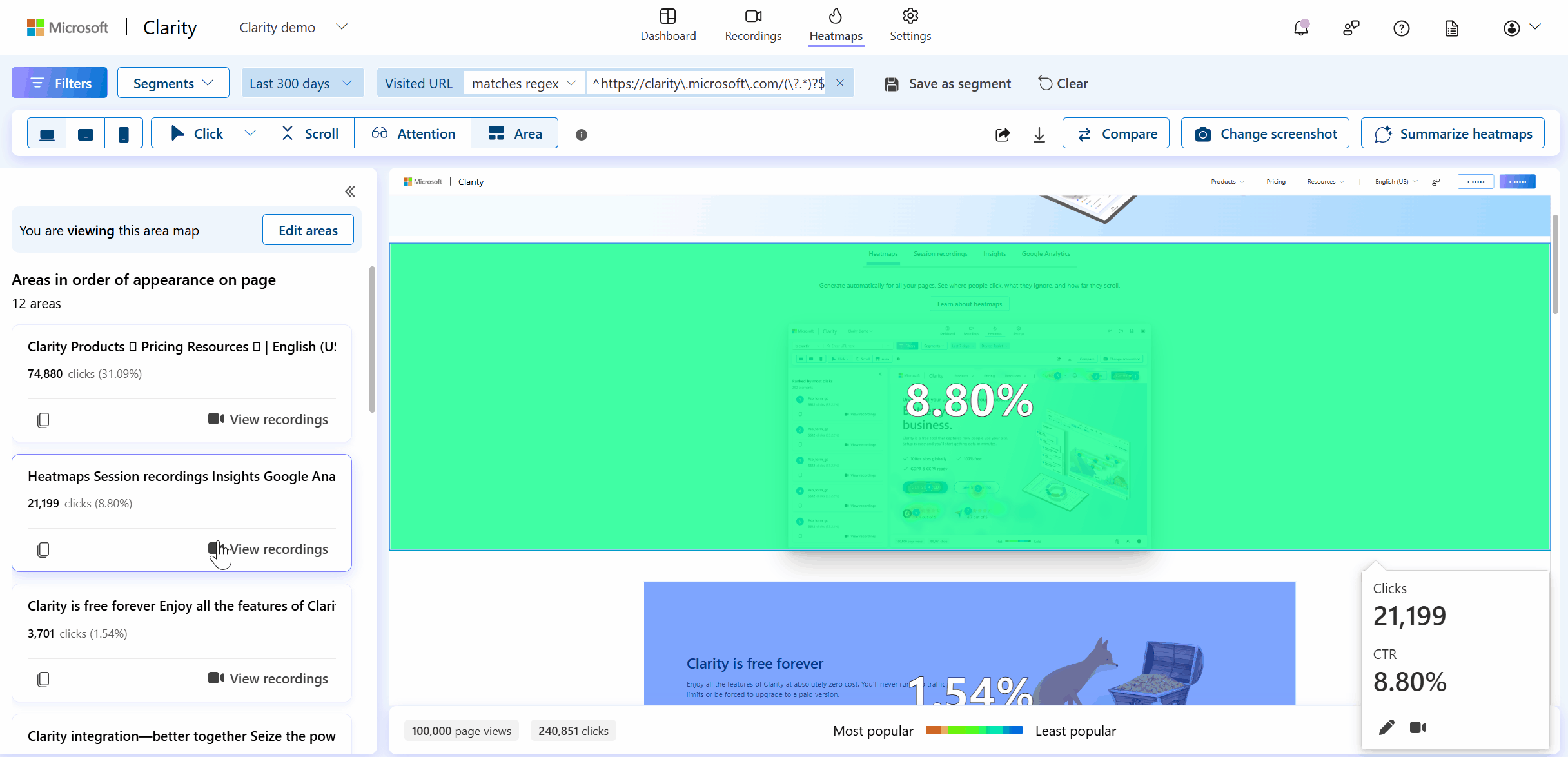 See recordings where users clicked on this element of an Area map.