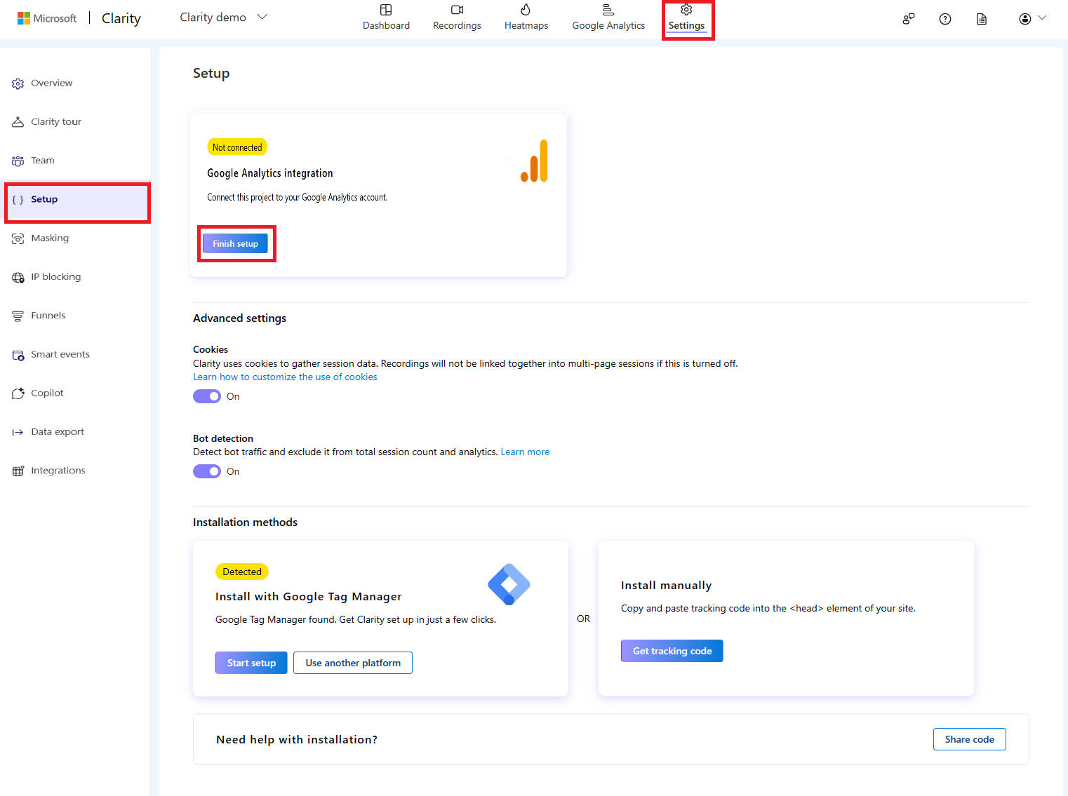 Google Analytics Finish setup button.